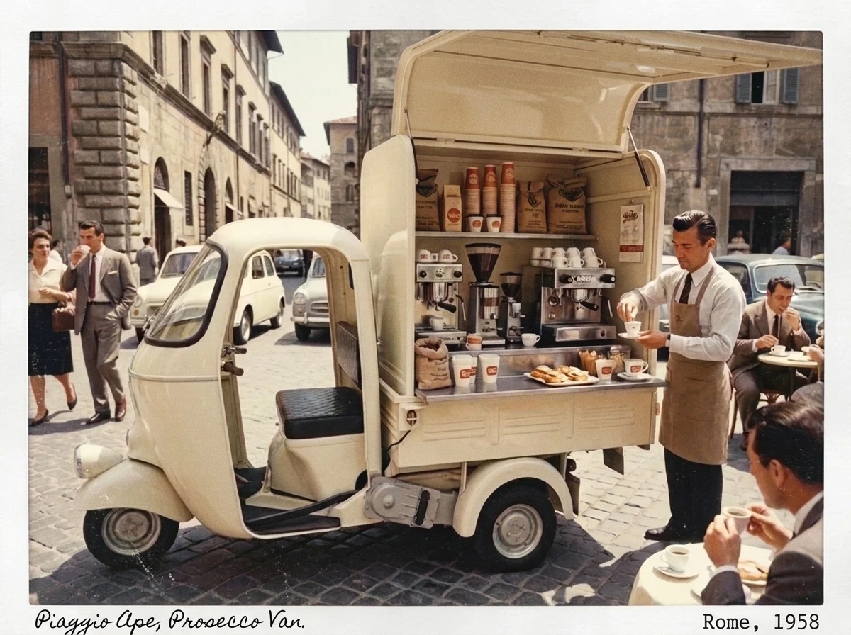 Blush-pink Piaggio Ape prosecco van custom-branded for The Langham Hotels & Resorts, styled with fresh roses and a dessert display for a luxury VIP hospitality activation at an indoor Esplanade venue, Singapore.
