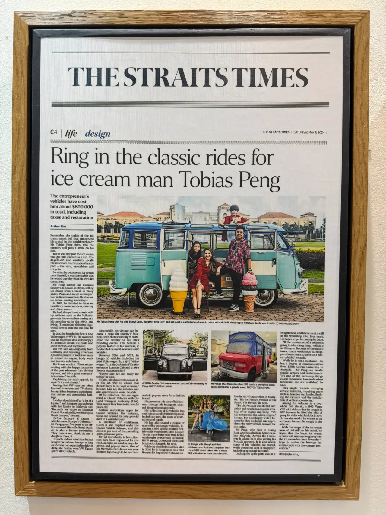 Framed Straits Times newspaper article feature on Tobias Peng and Super Ice Cream Truck vintage vehicle fleet in Singapore
