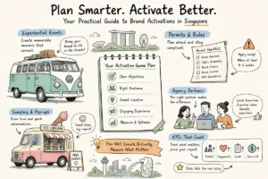 Illustrated brand activation guide for Singapore covering experiential events, permits, agency partners, pop-ups and campaign KPIs.
