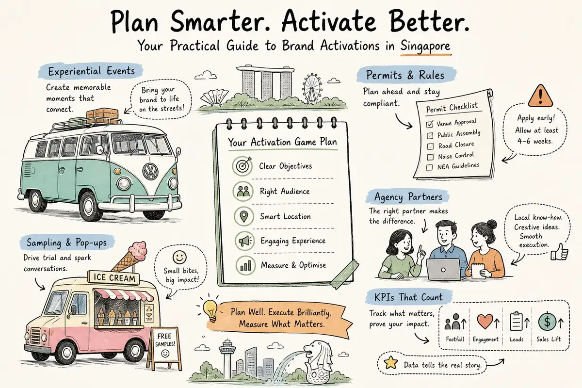 Illustrated brand activation guide for Singapore covering experiential events, permits, agency partners, pop-ups and campaign KPIs.