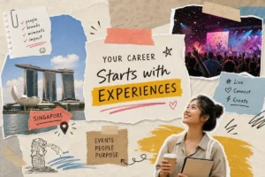 Creative collage illustrating experiential marketing careers in Singapore, featuring Marina Bay Sands and a live event
