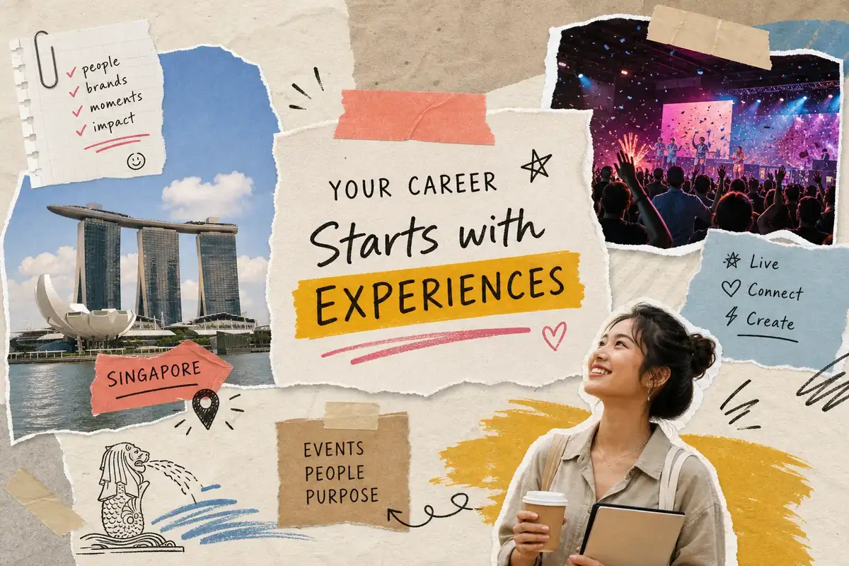 Creative collage illustrating experiential marketing careers in Singapore, featuring Marina Bay Sands and a live event