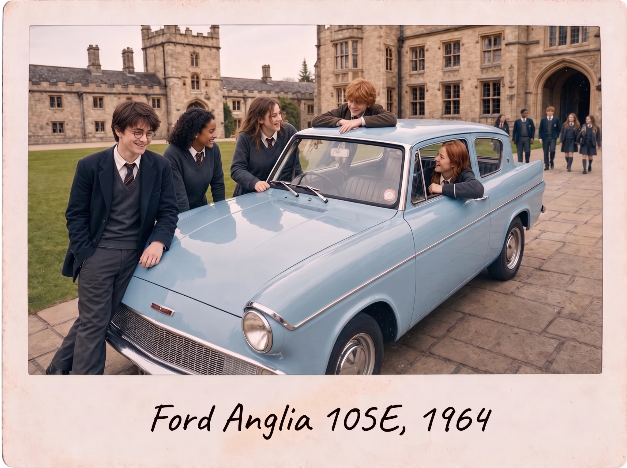 Light blue 1964 Ford Anglia 105E vintage car showing front bonnet and rear tailfins in a gothic boarding school courtyard with students, available for themed event hire in Singapore